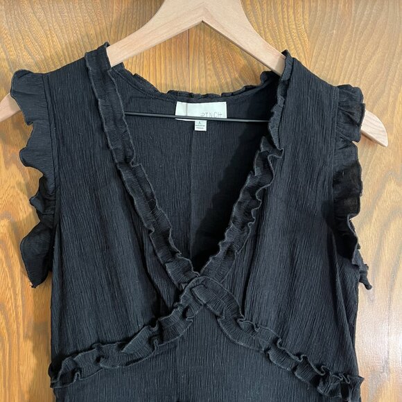 Pinch Ruffle Mini Dress, Sleeveless, V Neck, Black - Picture 2 of 6
